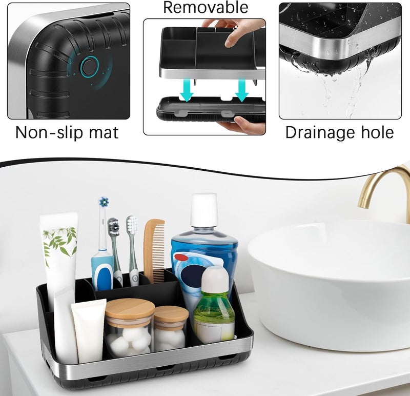 GFWARE Black Toothbrush Holder - 7 Slots Bathroom Organizer Countertop with Drainage Matte Black Electric Toothbrush and Toothpaste Holder for Bathroom Accessories Sink Storage - Image 4